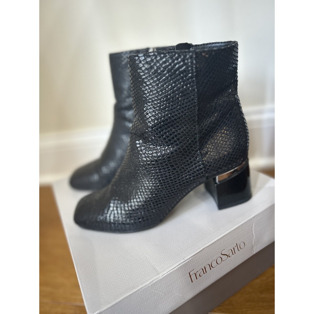 Franco Sarto Marquee Booties Square Toe Block Heel Black Ankle Boot Sz 5.5 Gator